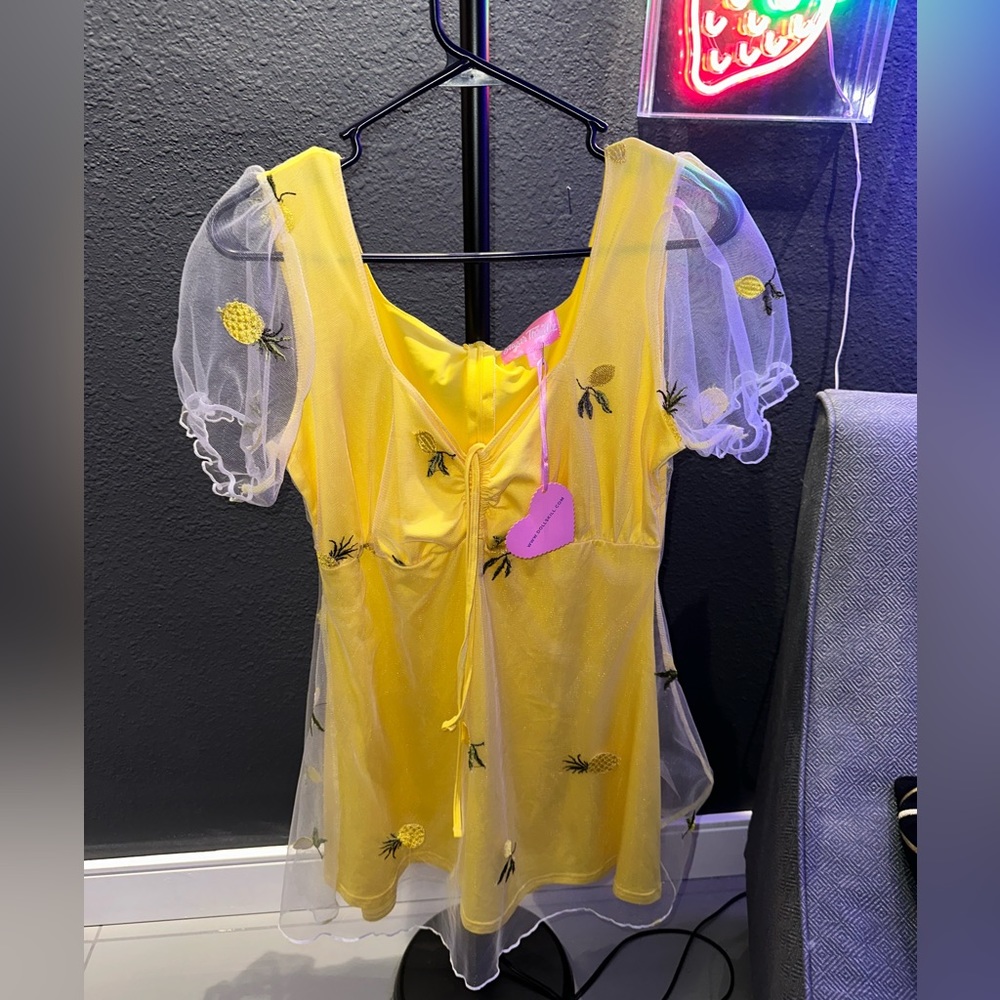 Sugar Thrillz Lemon Yellow Sheer Mini Dress, size L